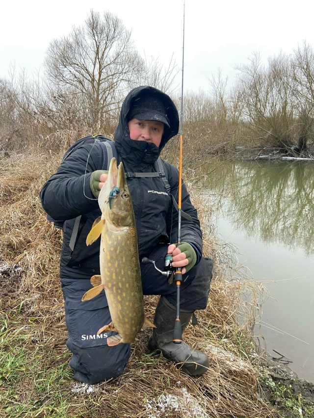 За целый день хождения по речке всего пару слабых поклёвок. Но ближе к вечеру пошёл снежок, и на поролоночку удалось всё таки соблазнить на поклёвку хорошенькую щучку. Товарищ отличился килошной щукой примерно в это же время. Обе щуки были усеяны пиявками