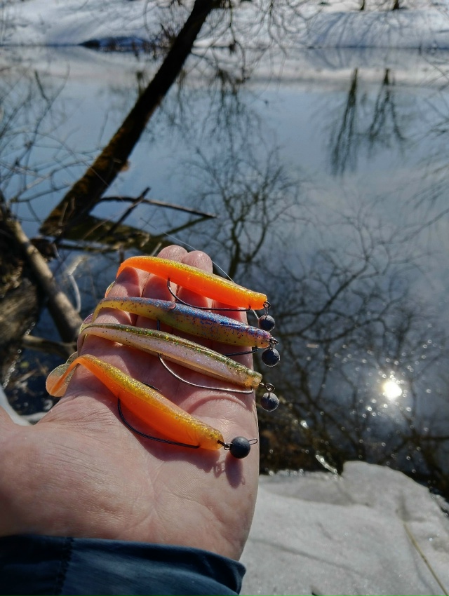 Снега в Орловской области ещё очень много. Ночью морозы, днём небольшой плюс. Половодки нет пока. Щука, как ни странно, не активна. Поклёвок мало. Попробовали половить на разных участках реки — результат слабый.